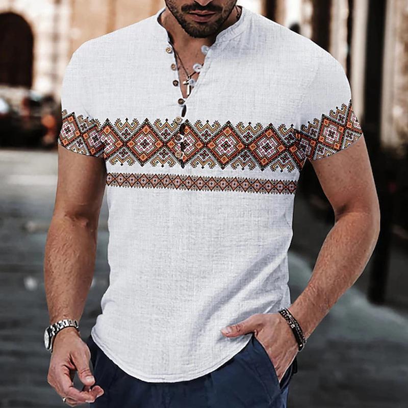 Men's Vintage Ethnic Print Short Sleeve Shirt 84880542Y