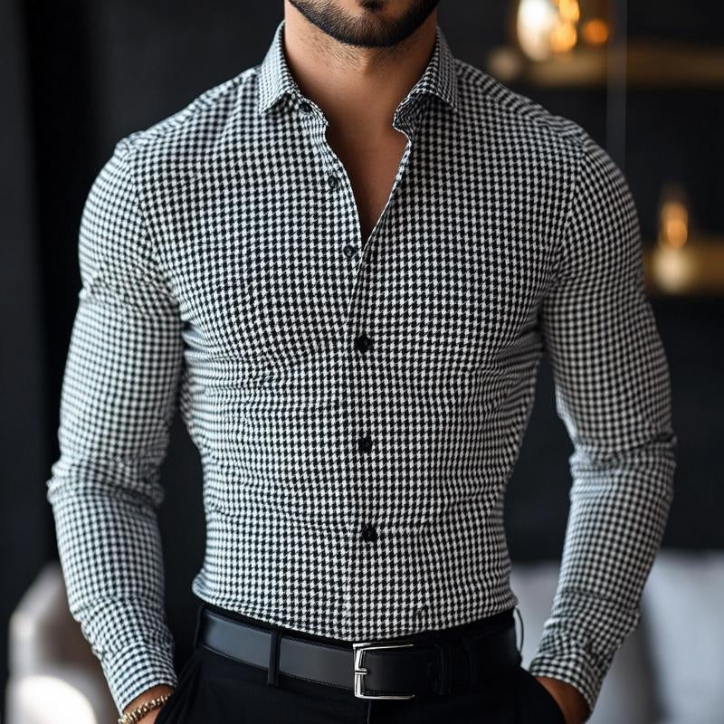 Men's Retro Casual Houndstooth Print Lapel Long Sleeve Shirt 44411829TO