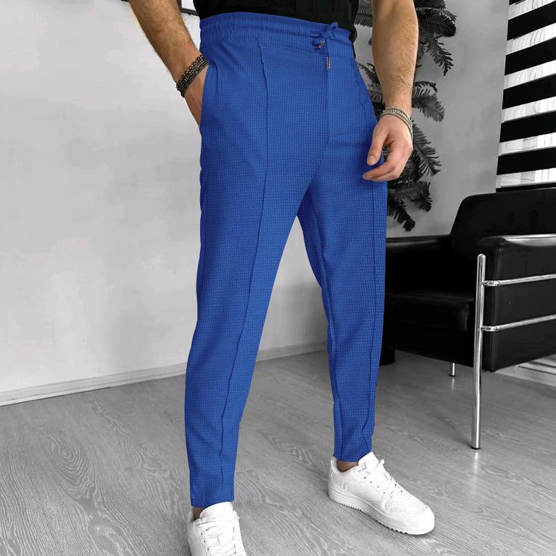 Men's Solid Waffle Elastic Waist Slim Casual Trousers 33746822Z