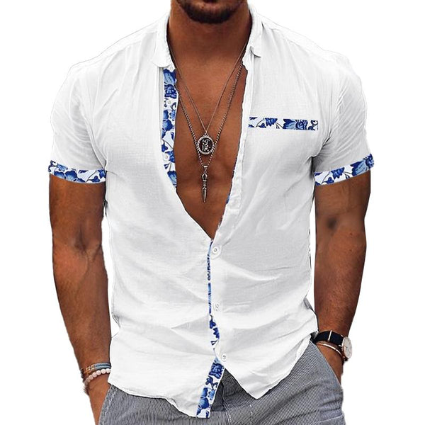 Men's Casual Floral Print Panel Lapel Short Sleeve Shirt 20896971Y