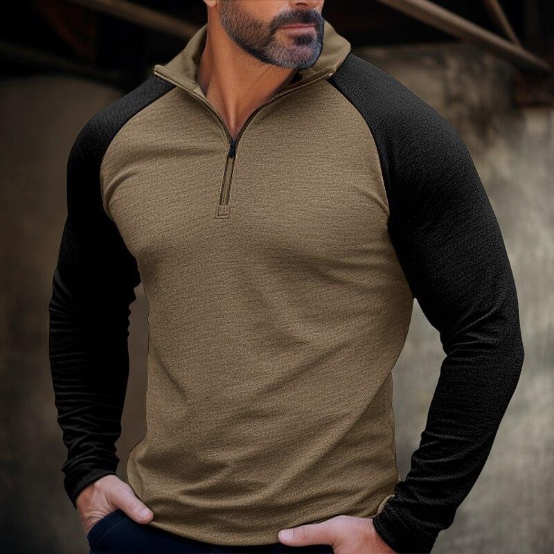 Men's Casual Half-Zip High-Neck Color Matching Raglan Sleeves T-Shirt 29522527Y