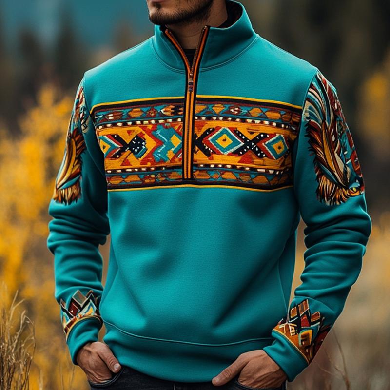 Men's Retro Casual Ethnic Style Geometric Print Zipper Sweatshirt 37953661TO