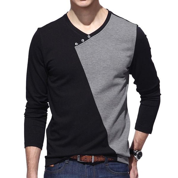 Men's Casual V-Neck Geometric Contrast Patchwork Long-Sleeved T-Shirt 47784661M