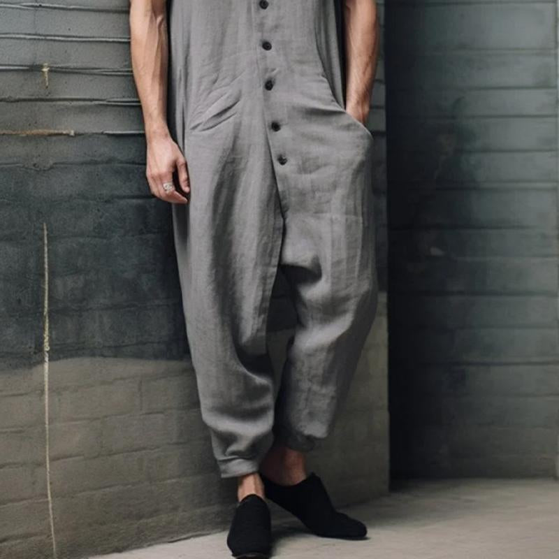 Men's Cotton And Linen Round Neck Multi-Button Pocket Short-Sleeved Pants Jumpsuit 30848049Y