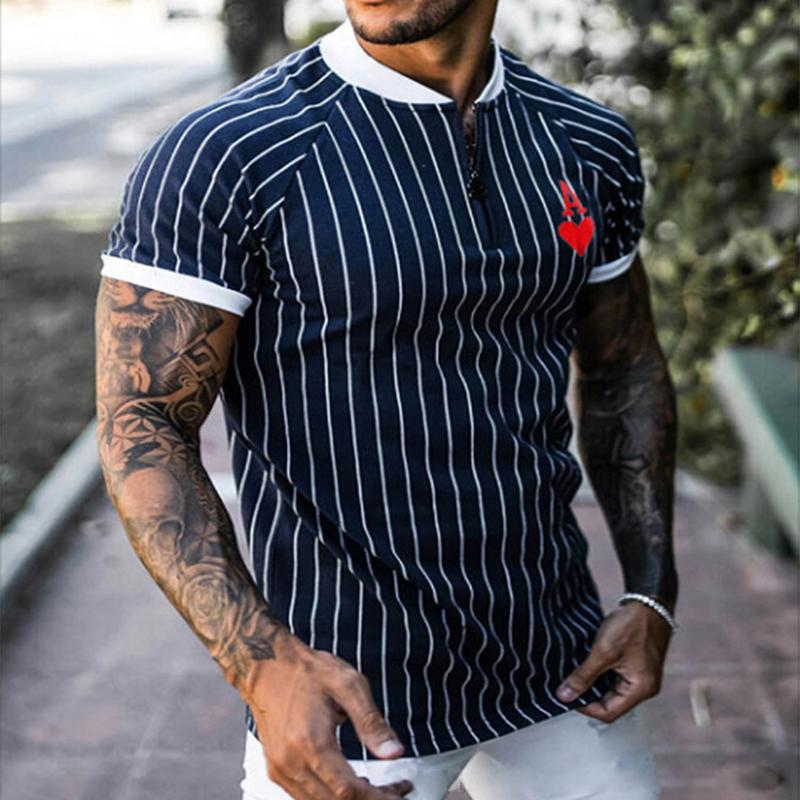 Men's Casual Striped Ace of Hearts Zipper Short-sleeved T-shirt 76875500TO