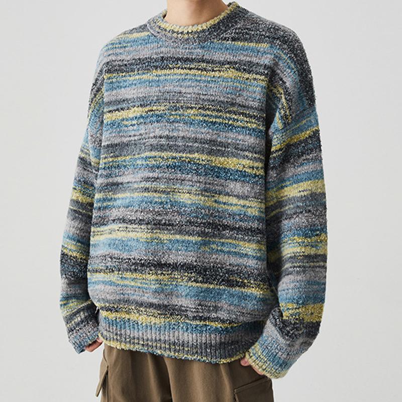 Men's Retro Rainbow Stripe Crew Neck Knitted Sweater 69721873Y