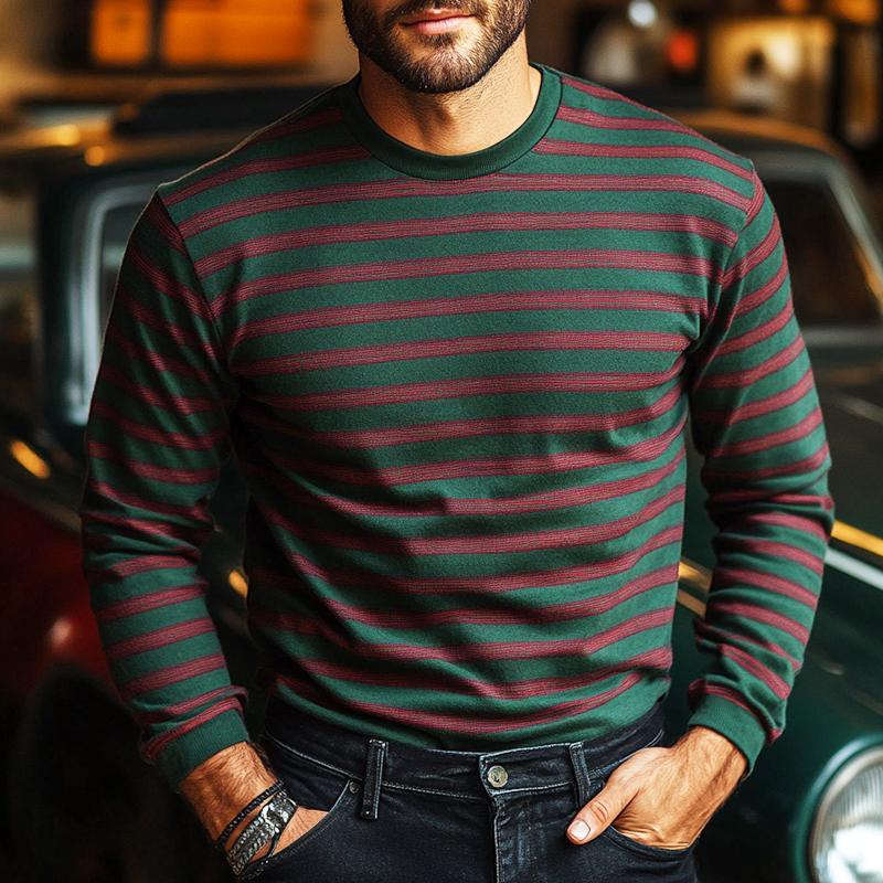 Men's Retro Casual Striped Printed Round Neck Long Sleeve T-Shirt 10200797TO