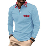 Men's Lapel Plaid Patchwork Long-sleeved Sports Polo Shirt 36877231X