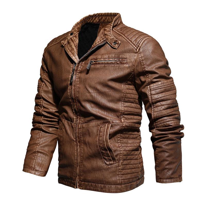 Men's Vintage Stand Collar Splicing Plush Zipper Slim Fit Motorcycle Leather Jacket 82254708M