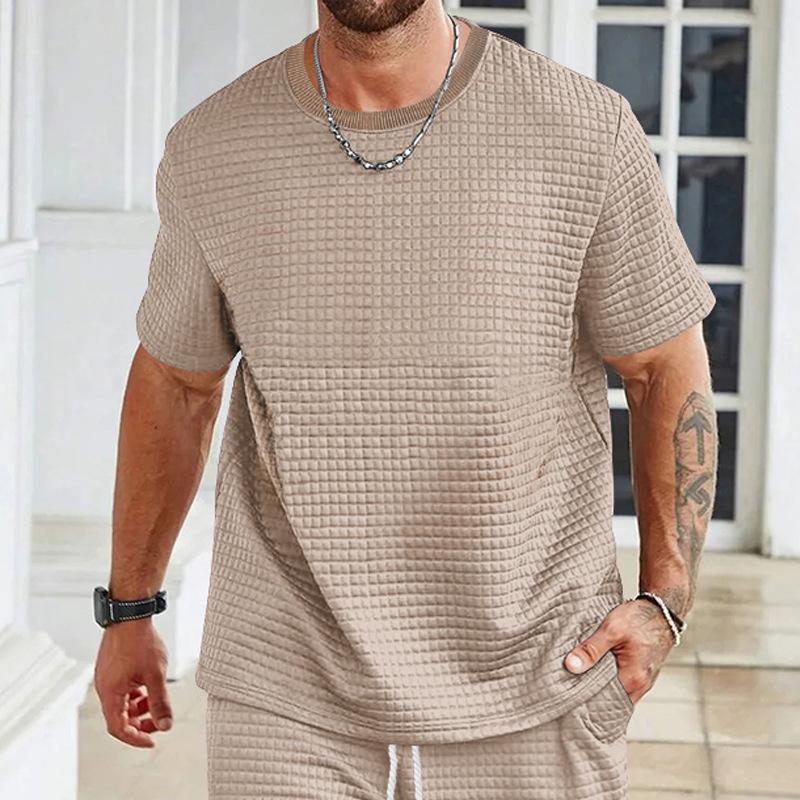 Men's Casual Solid Color Waffle Round Neck Short Sleeve T-Shirt 14114235Y