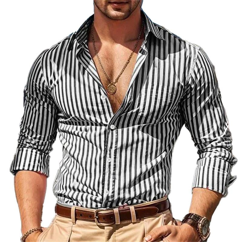 Men's Casual Striped Long Sleeve Lapel Shirt 91164771X