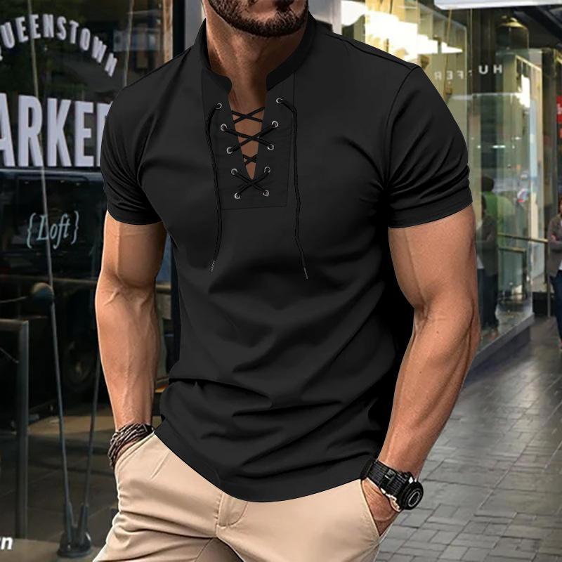 Men's Solid Color Lace-up V Neck Short Sleeve T-shirt 79653773Z