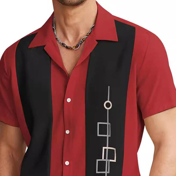 Men's Lapel Striped Beach Print Short Sleeve Shirt 90194485X