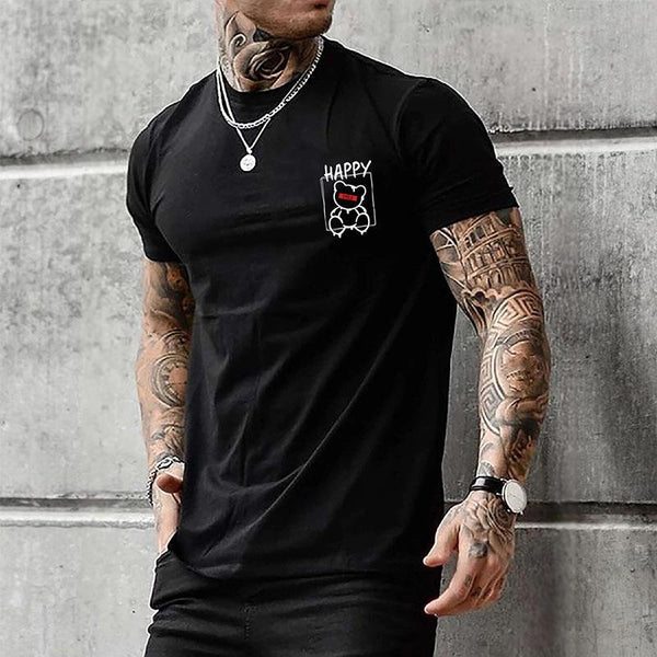 Men's Fashion Happy Bear Print Round Neck Short Sleeve T-shirt 39929650Z