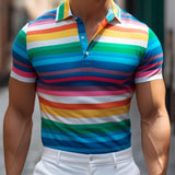 Men's Stripe Print Short Sleeve Lapel Polo Shirt 56376055X