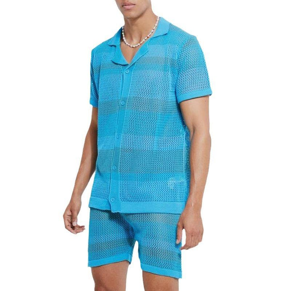 Men's Solid Hollow Out Lapel Short Sleeve Shirt Shorts Casual Set 68931064Z