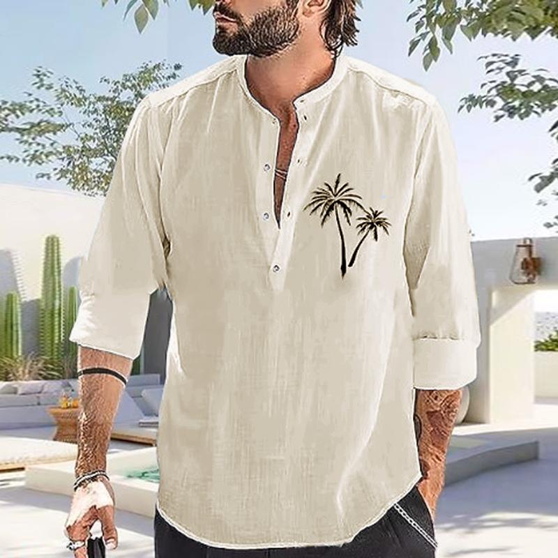 Men's Casual Coconut Print Stand Collar Cotton Linen Long Sleeve Shirt 56820050Y