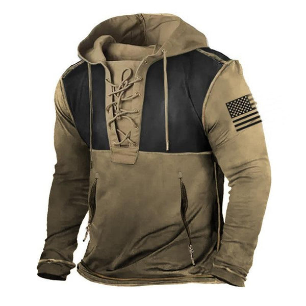 Men's Vintage Outdoor Lace-Up Loose Colorblock Hoodie 12921163U