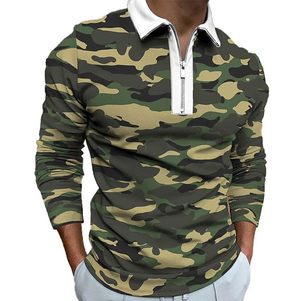 Men's Casual Camouflage Print Zipper Long Sleeve Polo Shirt 74747454Y