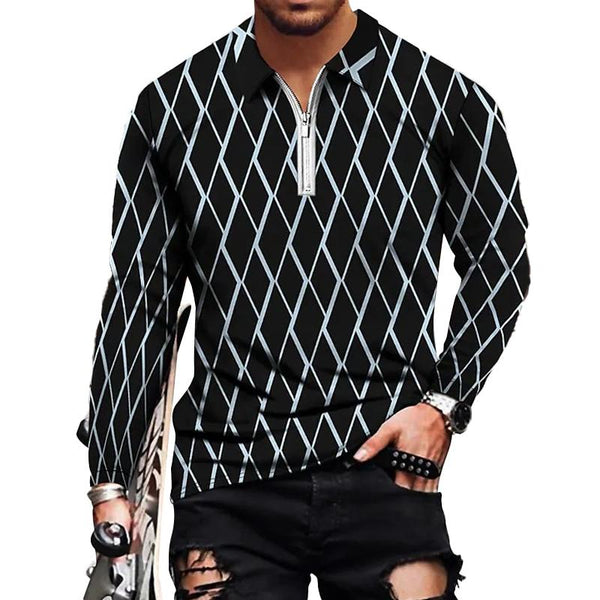 Men's Casual Diamond Print Zipper Long Sleeve POLO Shirt 76403017Y