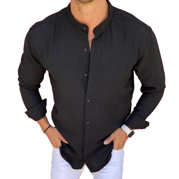 Men's Casual Stand Collar Linen Solid Color Button Long Sleeve Shirt 38556504M