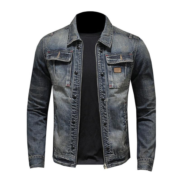 Men's Vintage Washed Slim Fit Zip-Up Denim Motorcycle Jacket 11233018M