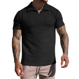 Men's Waffle Loose Short Sleeve Solid Color Casual Lapel Polo Shirt 49265793Z