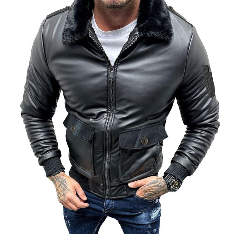 Men's Slim Lapel Windproof Motorcycle Leather Jacket 12731162X