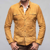 Men's Solid Color Suede Lapel Long Sleeve Shirt Jacket 61391775Z