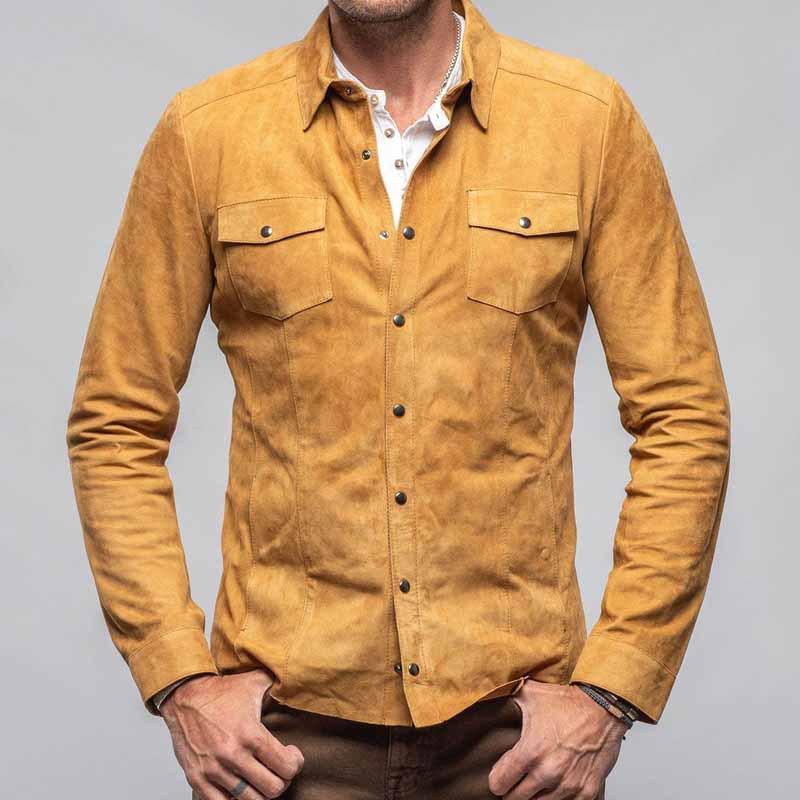 Men's Solid Color Suede Lapel Long Sleeve Shirt Jacket 61391775Z