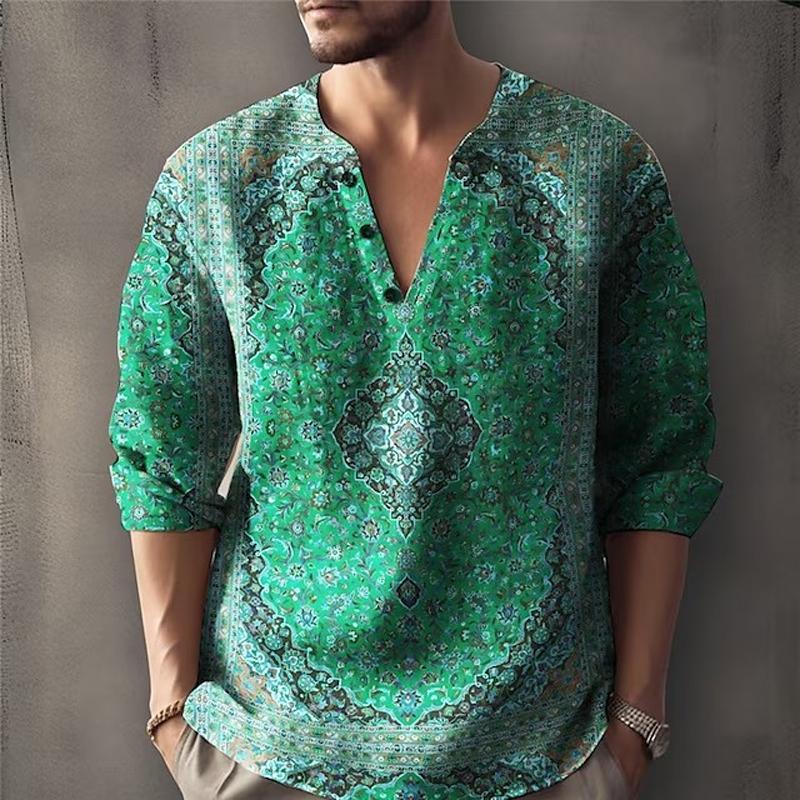 Men's Casual Vintage Print V-Neck Long Sleeve Shirt 77161163Y