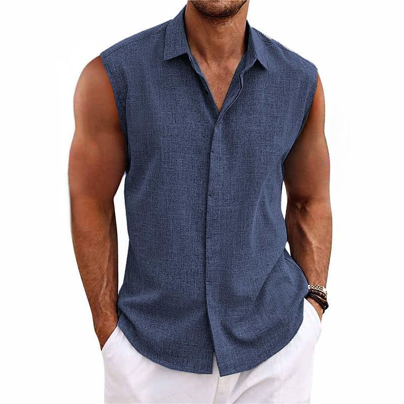 【Expédition 24 heures】Chemise sans manches en coton et lin à revers de couleur unie pour hommes 33989351TO