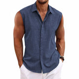 Men's Solid Color Lapel Cotton and Linen Sleeveless Shirt 33989351TO