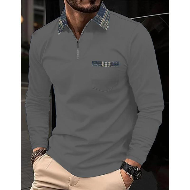 Herren-Poloshirt mit Karomuster, Nähten, Reißverschluss und Reverstasche, langärmelig 36931085Y