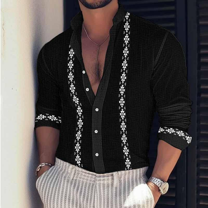 Herren Sommer Print Strand Urlaub Stehkragen Langarm Hemd 72122320X