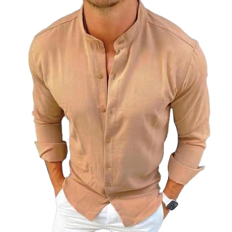 Men's Casual Stand Collar Linen Solid Color Button Long Sleeve Shirt 38556504M