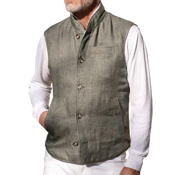 Men's Casual Stand Collar Multi-Pocket Linen Single Breasted Vest 71856913M