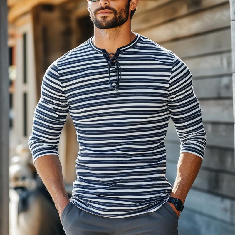 Men's Blue and White Striped Lace-up Long-sleeved T-shirt 86368416U