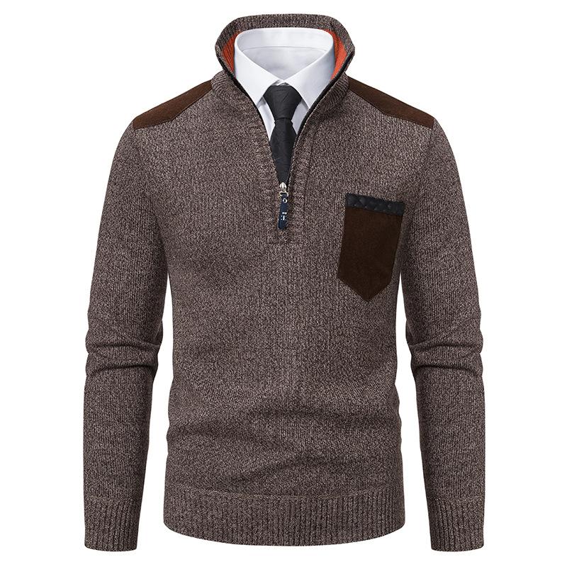 Men's Casual Retro Patchwork Pocket Stand Collar Zipper Sweater 32851595TO