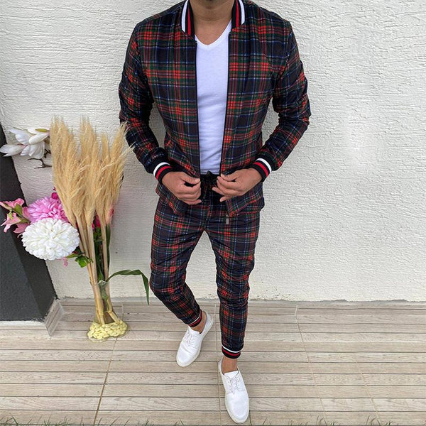 Men's Retro Casual Plaid Print Zipper Two-Piece Set 92206969TO