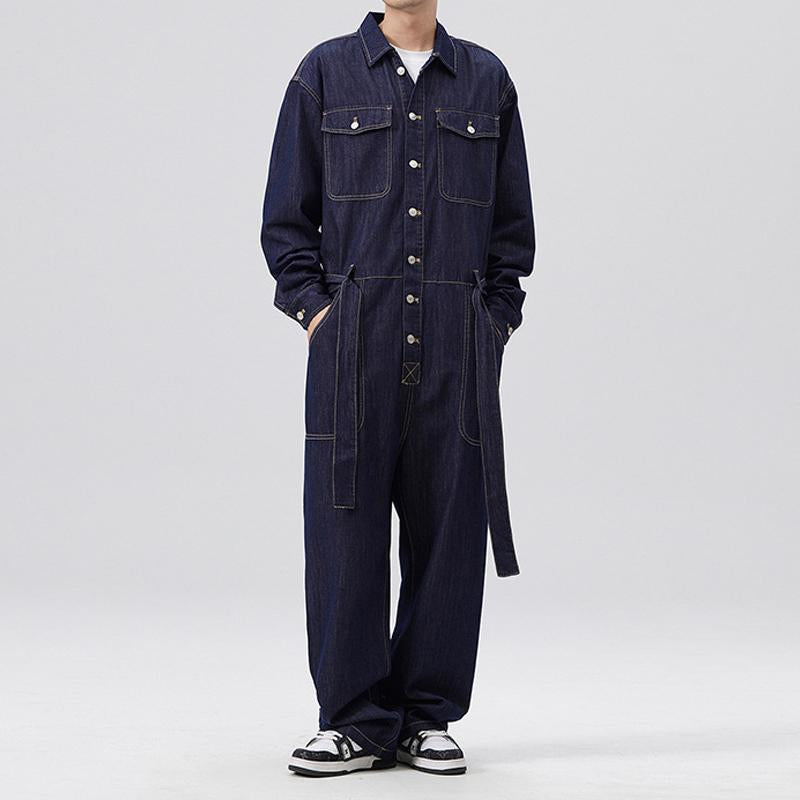 Men's Vintage Loose Belt Multi-Pocket Denim Jumpsuit Coverall 71826101Y