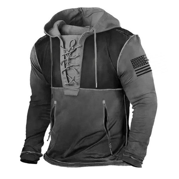 Men's Vintage Outdoor Lace-Up Loose Colorblock Hoodie 12921163U