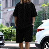 Men's Zipper Lapel Jacquard Plaid Short-Sleeved T-Shirt Shorts Set 34440665Y