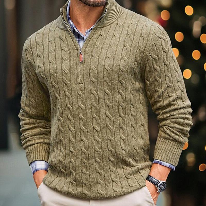 Men's Solid Cable Knit Half High Collar Long Sleeve Sweater 54249239Z