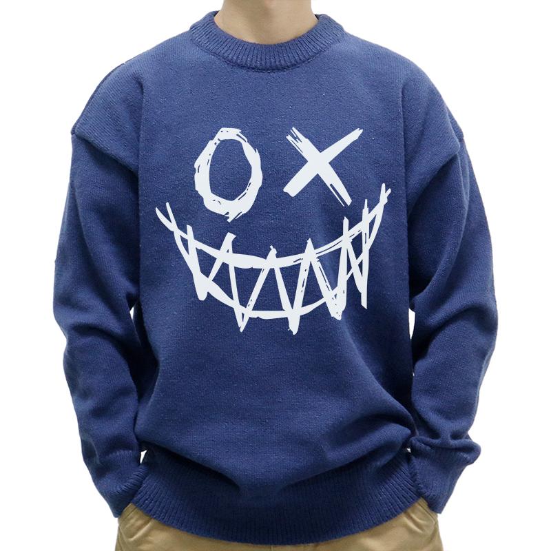 Men's Casual Round Neck Funny Smiley Print Long Sleeve Pullover Sweater 54982270M