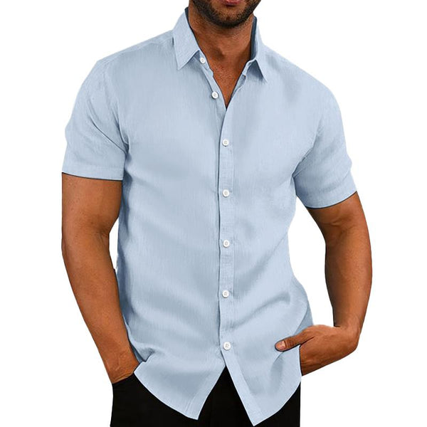Men's Casual Cotton And Linen Solid Color Short Sleeved Shirt 35252025Y