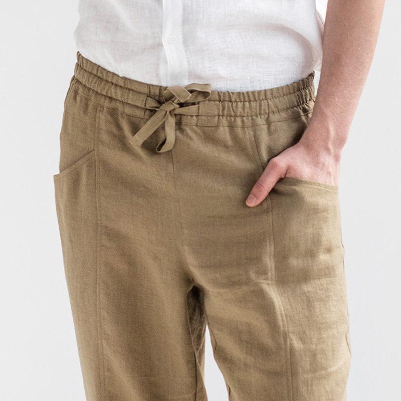 Men's Cotton and Linen Solid Color Elastic Casual Pants 74826629X