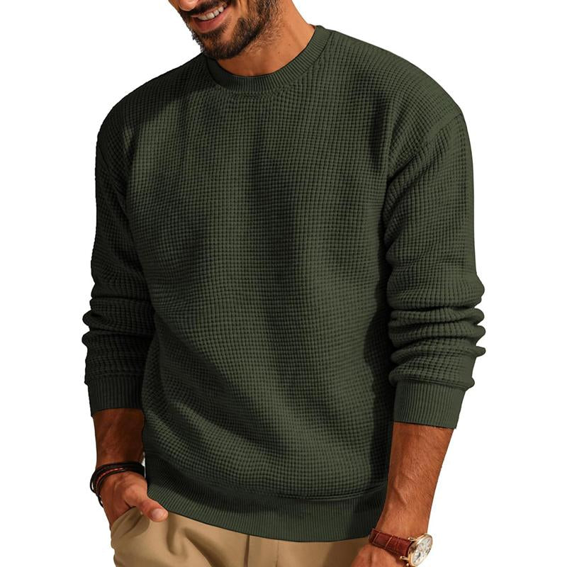 Men's Solid Color Crew Neck Pullover Waffle Knit Sweater 33644630X