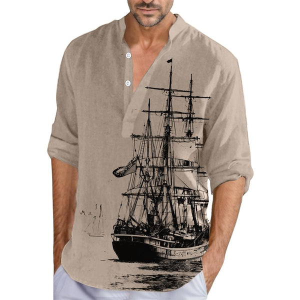 Men's Vintage Sail Print Henley Collar Long Sleeve Shirt 87187349Y