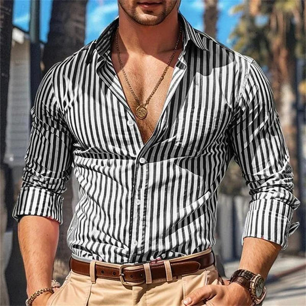 Men's Striped Printed Shirt Lapel Long Sleeve Shirt 85346344X